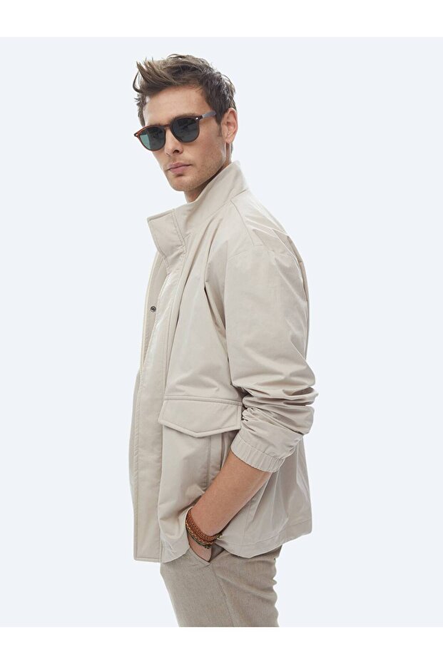 Bej Oversize Fit Dik Yaka Casual Dokuma Mont - 6