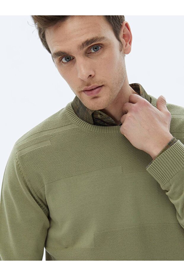 Açık Yeşil Bisiklet Yaka Jakarlı Yün Karışımlı Triko Kazak - 2