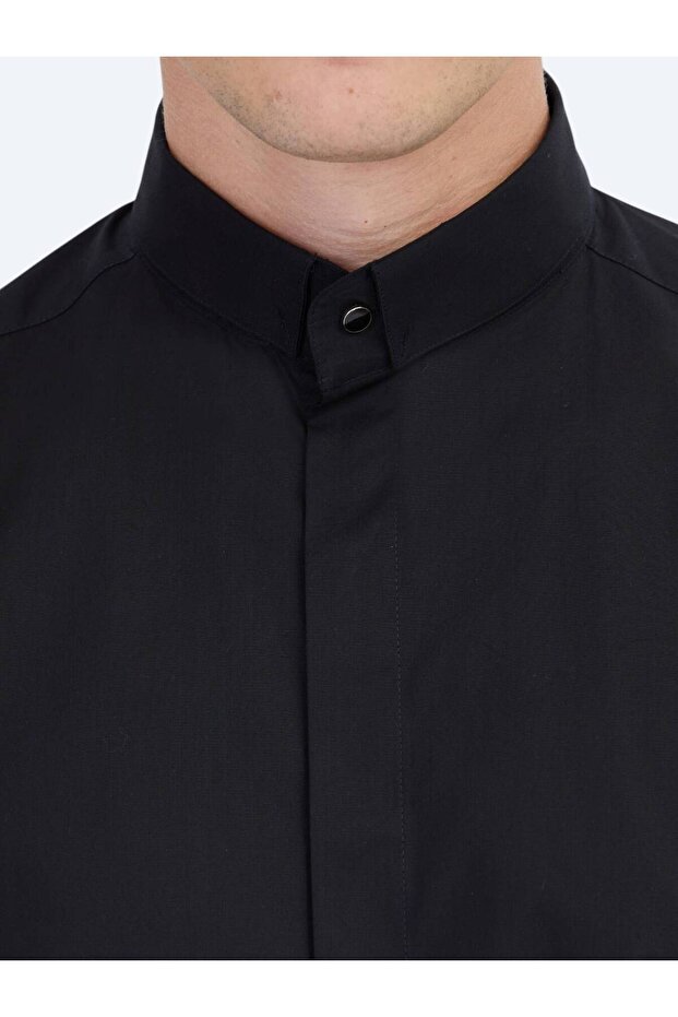 Siyah Regular Fit Dokuma Klasik %100 Pamuk Gömlek - 4