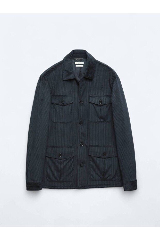 Lacivert Fitilli Regular Fit Dokuma Kadife Overshırt - 7