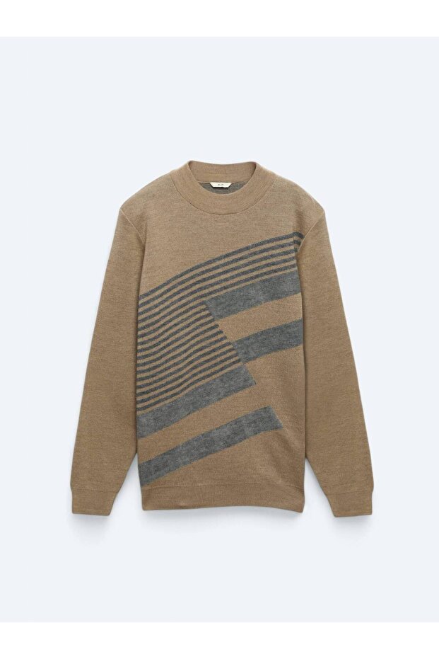 Deve Tüyü Bisiklet Yaka Desenli Yün Karışımlı Triko Kazak - 7