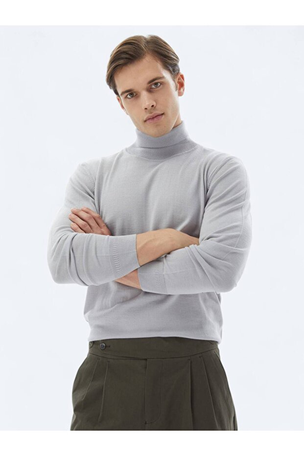 Lila Tam Balıkçı Yaka Düz Örgü Yün Karışımlı Triko Kazak - 4