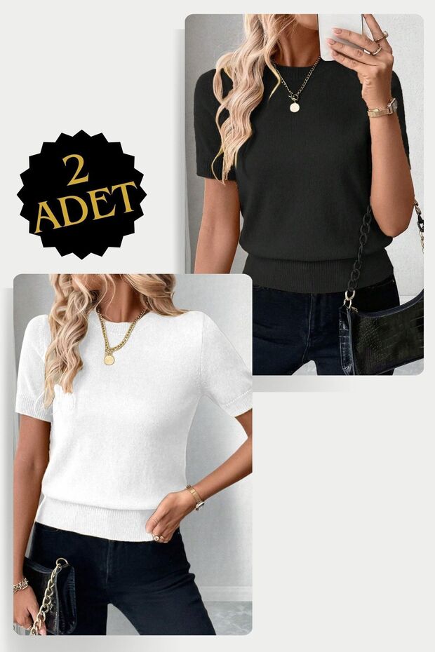 2 Pieces Short Sleeve Lycra Crew Neck Blouse Black White