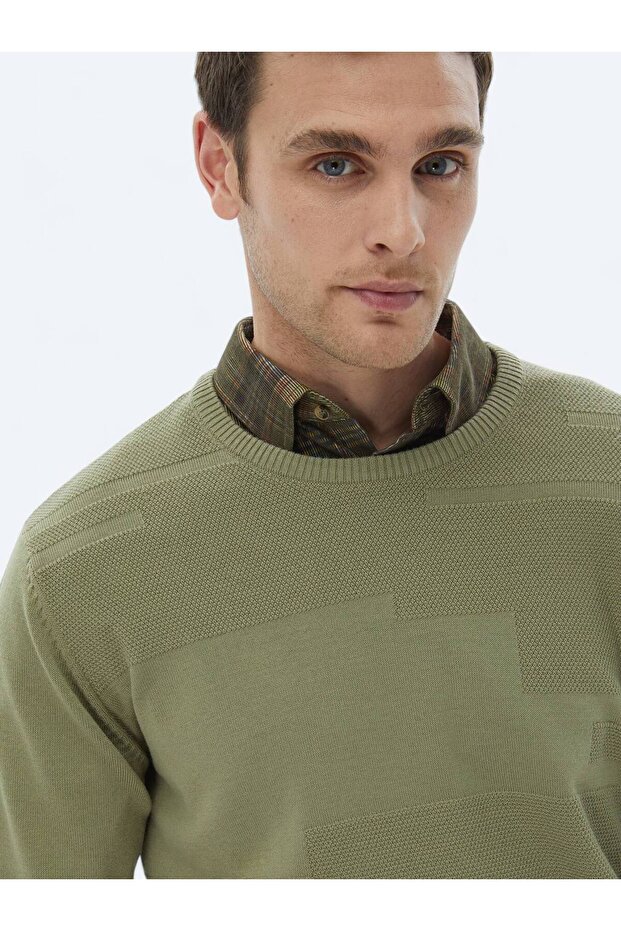 Açık Yeşil Bisiklet Yaka Jakarlı Yün Karışımlı Triko Kazak - 4