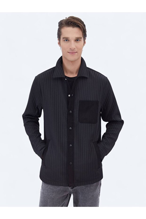 Siyah Düz Regular Fit Dokuma Overshırt - 2