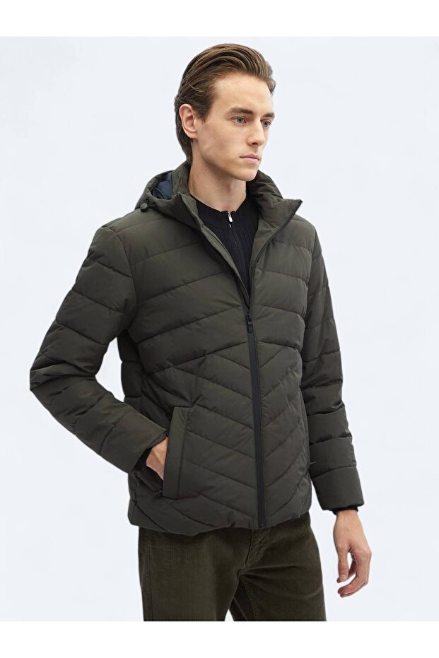 Haki Regular Fit Kapüşonlu Casual Dokuma Mont - 3