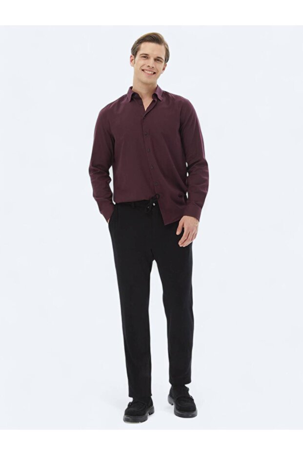 Mürdüm Düz Regular Fit Dokuma Casual Pamuk Karışımlı Gömlek - 2