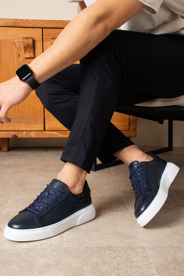 Tommy 100% Genuine Leather Ultra Comfortable Eva Sole Men's Sneaker Shoes Navy Blue