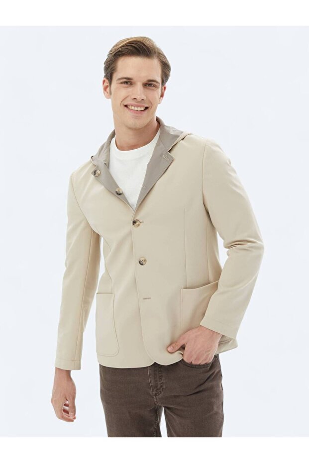 Bej Regular Fit Kapüşonlu Casual Örme Mont - 1