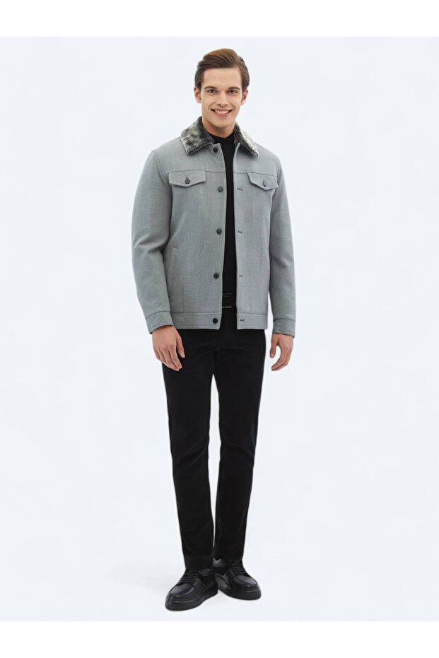 Gri Regular Fit Casual Dokuma Mont - 2