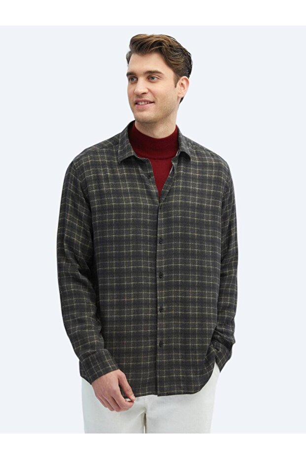Antrasit Kareli Regular Fit Dokuma Casual Gömlek - 1