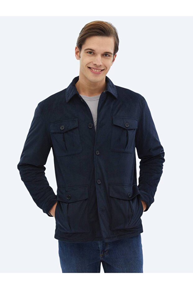 Lacivert Fitilli Regular Fit Dokuma Kadife Overshırt - 1