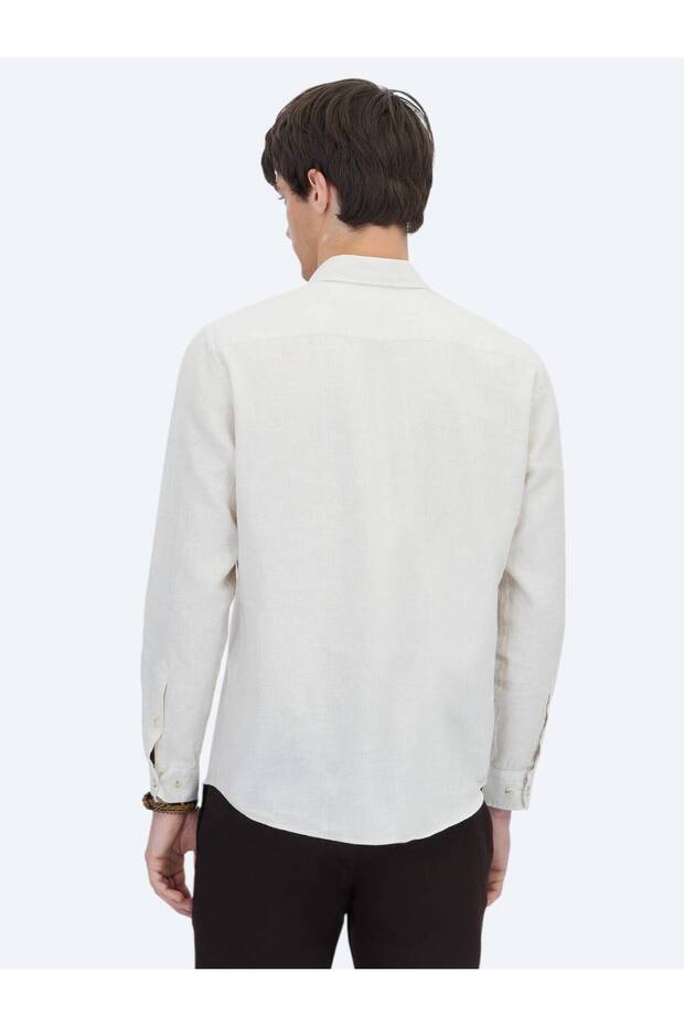 Ekru Düz Regular Fit Dokuma Casual Pamuk Karışımlı Gömlek - 5