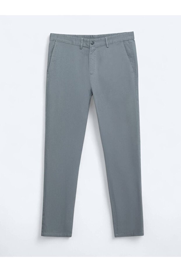 Gri Düz Dokuma Regular Fit Casual Pamuk Karışımlı Pantolon - 5