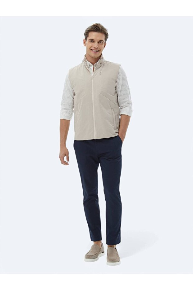 Ekru Regular Fit Dik Yaka Casual Dokuma Spor Yelek - 3
