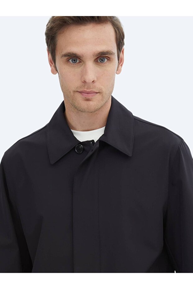 Siyah Regular Fit Bebe Yaka Casual Dokuma Pardesü - 4