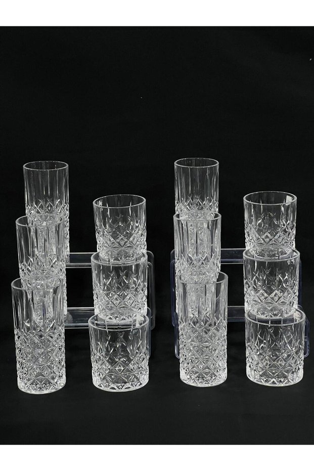 Crystal Embossed Glass Cups Set of 12 - 6 Tall and 6 Short Water, Soft Drink and Cocktail Glasses