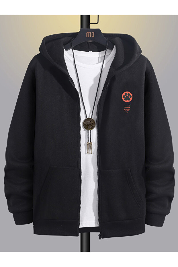 Men's Black Hooded Zippered Oversized Sweatshirt Jacket Cardigan