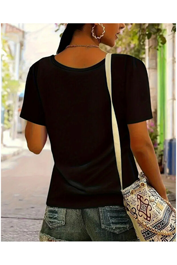 V YAKA OVERSİZE MANDALA BASKILI TİŞÖRT - 2