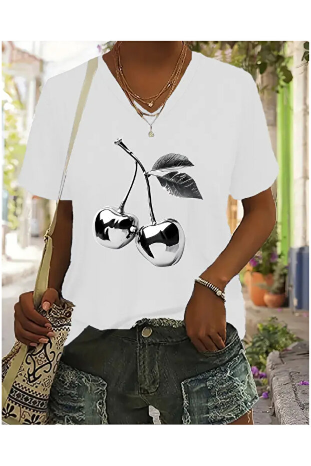 V-Neck Oversize Cherry Printed T-Shirt - 1
