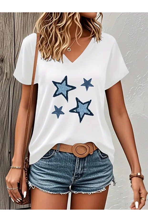 Blue Stars Printed Women's Oversize V-Neck T-Shirt