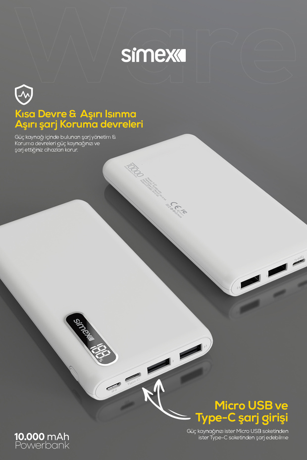 Ware 10.000 mAh Dijital Ekranlı Powerbank - Dual Şarj, Type-C & Micro USB, Hızlı Şarj Destekli - 3