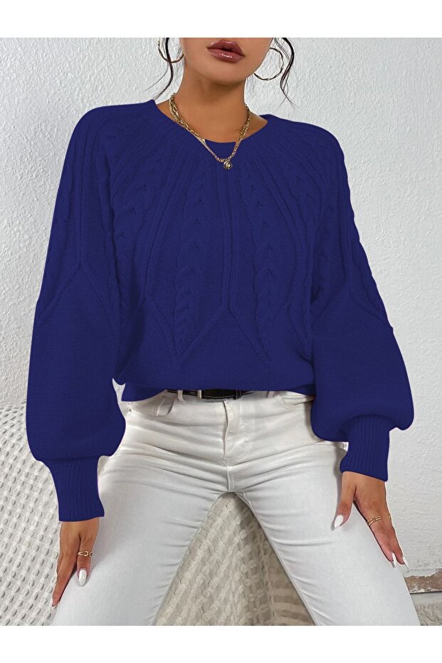 Braided Crew Neck Italian Sleeve Knitwear Sax Blue Sweater