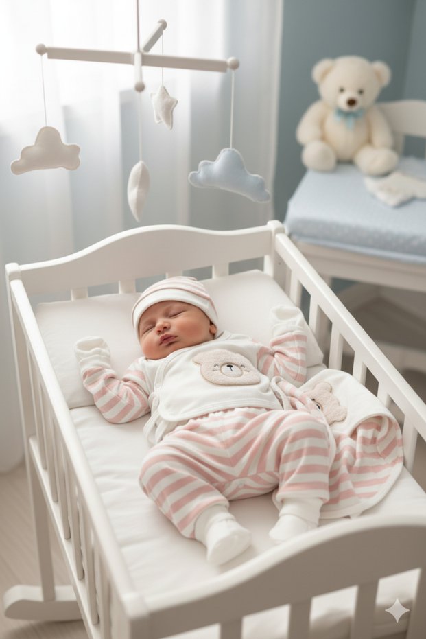 One Size Striped Teddy Bear Detailed Newborn Baby Girl Pink Hospital Discharge Set 10 Pieces