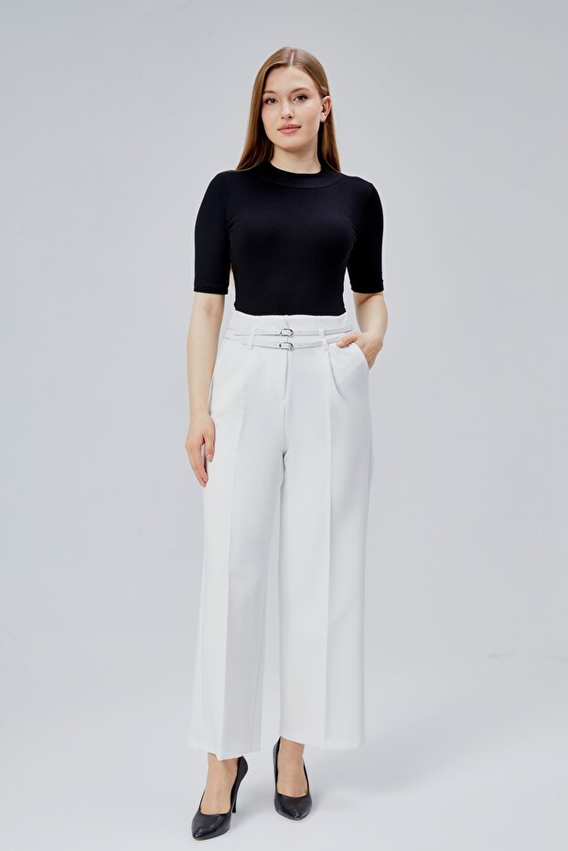 Double Belt Model High Waist Lycra Trousers with Side Pockets