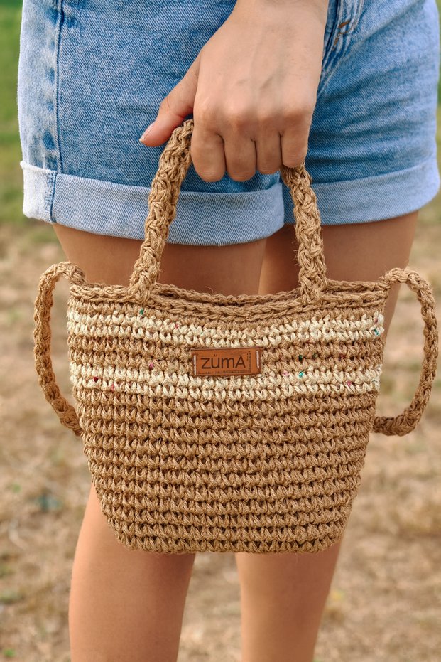 Design Hand Knitted Paper Thread Sequin Detailed Women's Shoulder and Hand Bag (Small Size)