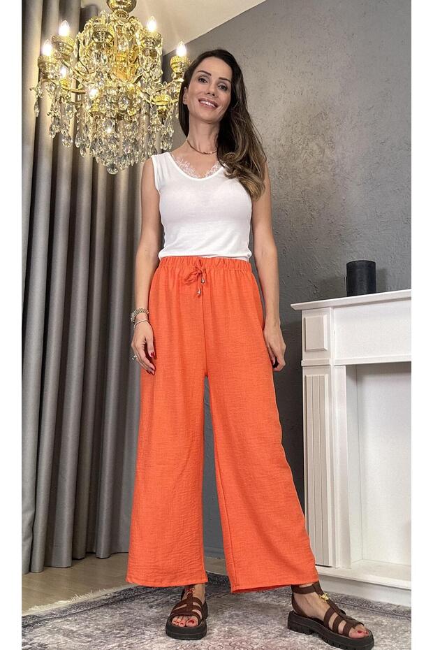 Orange Linen Trousers with Elastic Waistband