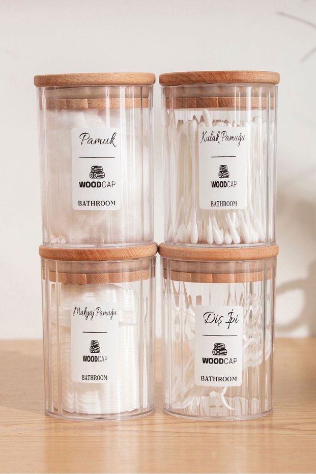 4-Piece Wooden Lid Acrylic Dental Floss & Ear Cotton & Cotton & Makeup Cotton Bathroom Set