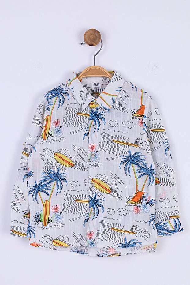 Baby Boy 9-36 Months Palm Tree Patterned Shirt Ecru-Blue