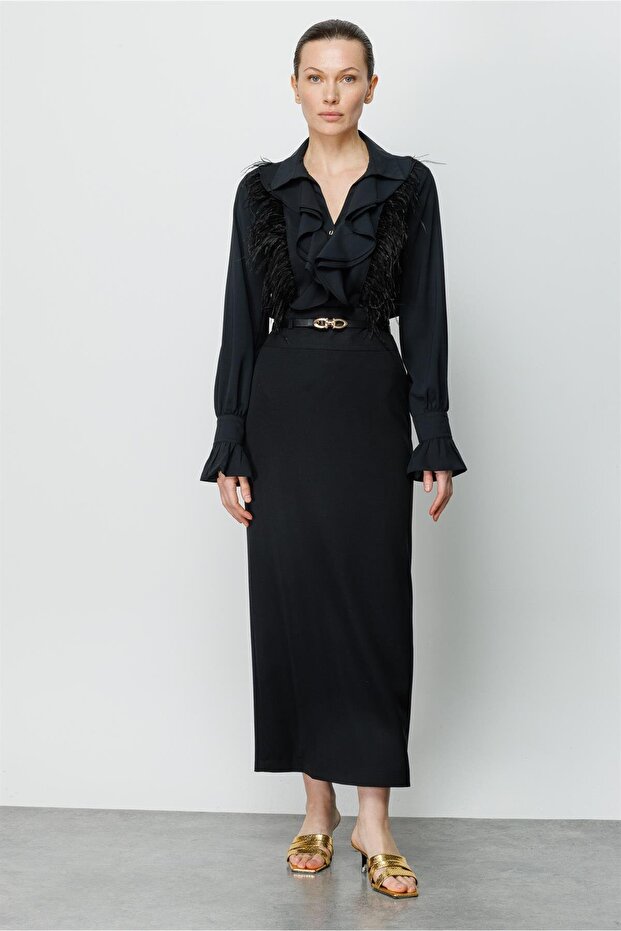 Modailgi Back Pleated تنورة طويلة كلاسيكية باللون الأسود