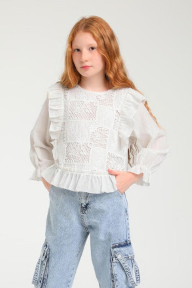 Girl's 5-14 Years Scalloped Blouse 35715 Cream
