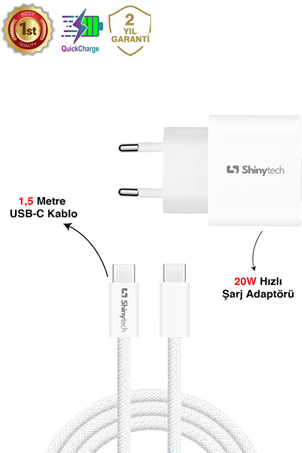 20W iPhone & Android Hızlı Şarj Adaptörü + 1.5m USB-C Kablo Seti – 2 Yıl Garantili - 1
