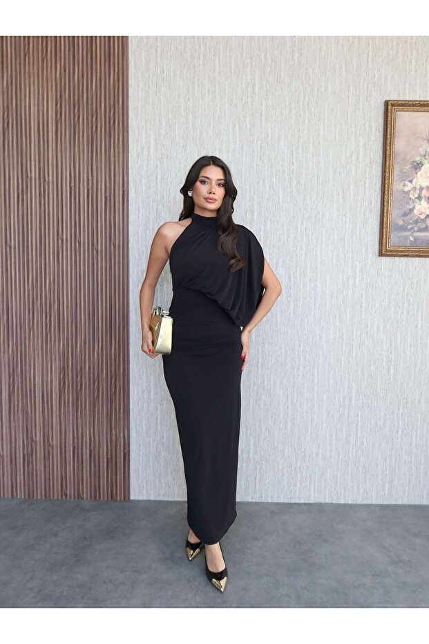 Tek Omuz Drapeli Uzun Elbise - 1