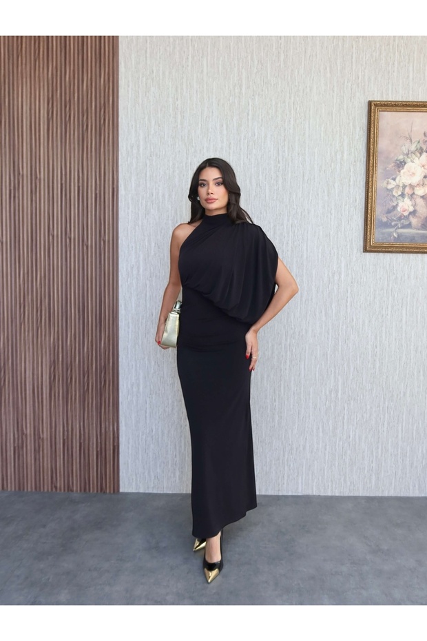 Tek Omuz Drapeli Uzun Elbise - 6