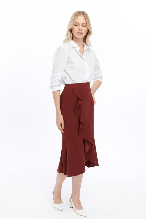 Apsen Women's Cinnamon Seasonal Flared Midi Length Crepe Skirt 2123-80