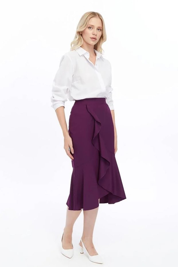 Apsen Women's Purple Seasonal Flared Midi Length Crepe Skirt 2123-80