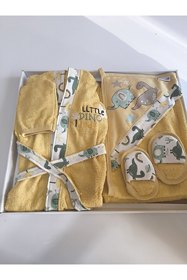 5-Piece Bathrobe Set 0-2 Years Old 100% Organic Cotton (Bathrobe+Bath Towel+Bath Scrub+Belt+Slippers)