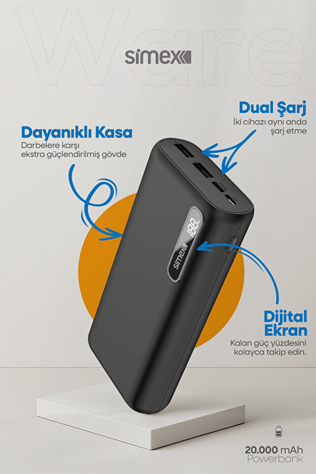 Ware 20.000 mAh Dijital Ekranlı Powerbank - Dual Şarj, Type-C & Micro USB, Hızlı Şarj Destekli - 2