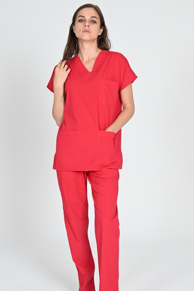 Coral Cotton Lycra Unisex Bat Sleeve Nurse and Doctor Uniform Set Hospital Uniform