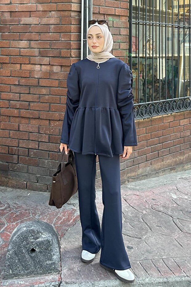Flounce Detailed Double Scuba Suit Navy Blue