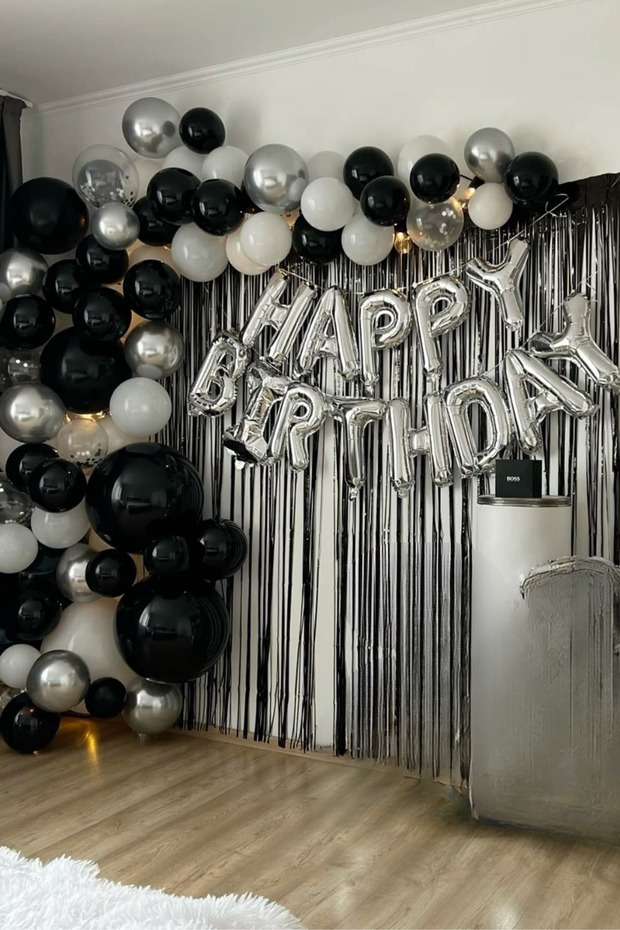 Happy Birthday Foil Set Black White Silver Balloon Party Birthday Decoration Set