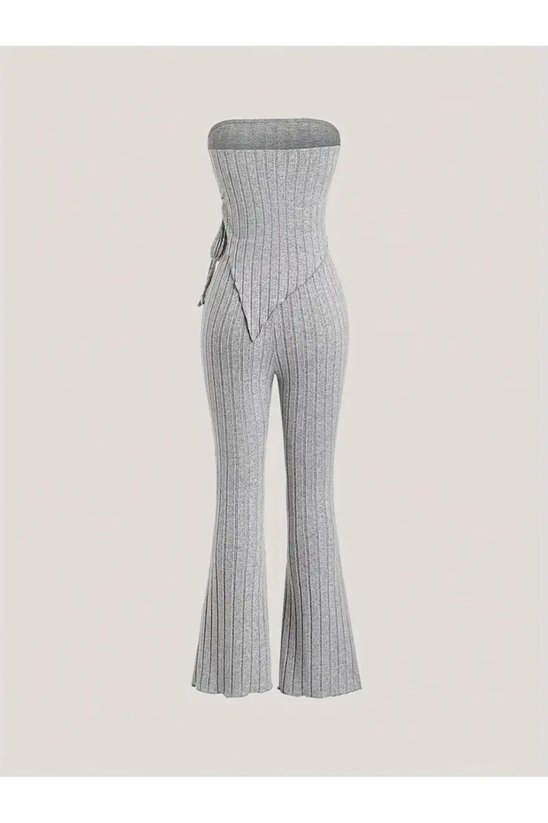 Grey Strapless Asymmetrical Lycra Side Drawstring Blouse Bottom Top Suit, Stretchy Fabric Gray Drawstring Strapless Suit - 2