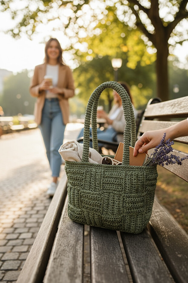 Haki El Yapımı Patchwork Çanta - 1