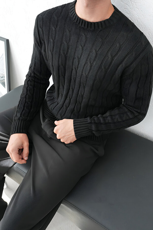 Crew Neck Slim Fit Black Hair Knit Men's Sweater