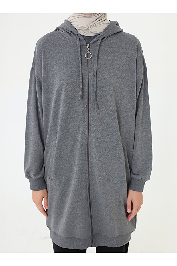 Basic Fermuarlı Kapüşonlu Sweatshirt - Antrasit - - 3