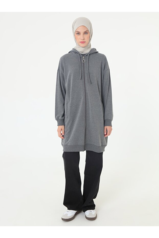 Basic Fermuarlı Kapüşonlu Sweatshirt - Antrasit - - 1